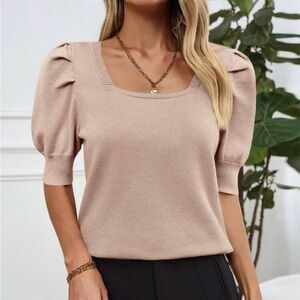Elegant Puff Sleeve Knit Top - Beige